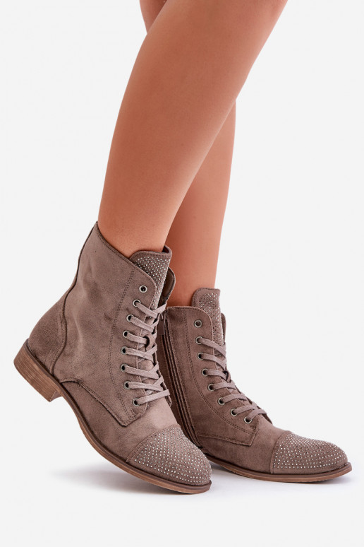 Decorated ankle boots on flat heels eco suede insulated brown Ellieo Decorated ankle boots on flat heels eco suede insulated brown Ellieo