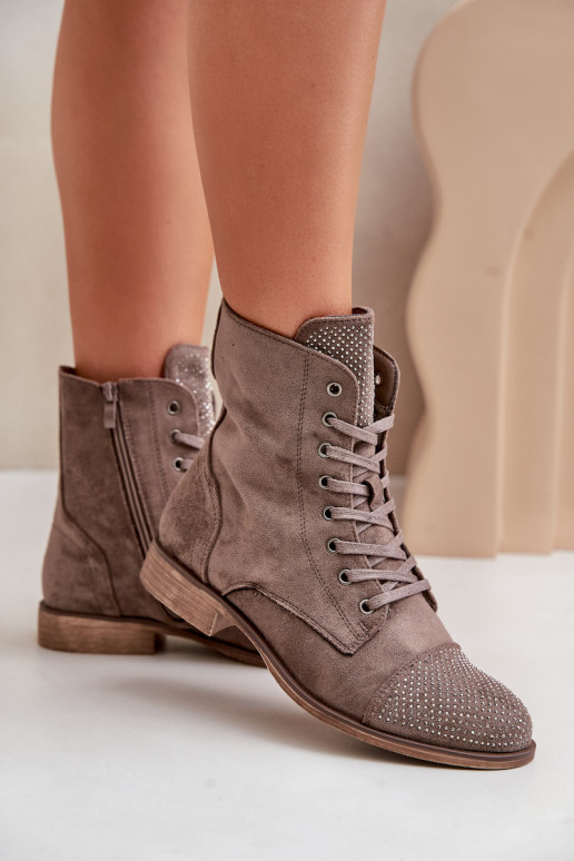 Decorated ankle boots on flat heels eco suede insulated brown Ellieo Decorated ankle boots on flat heels eco suede insulated brown Ellieo