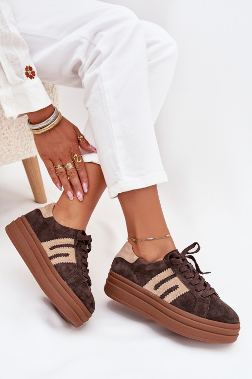 Sneakersy Damskie Na PlatformiewithNaturalnego Zamszu Czekoladowe Eldira