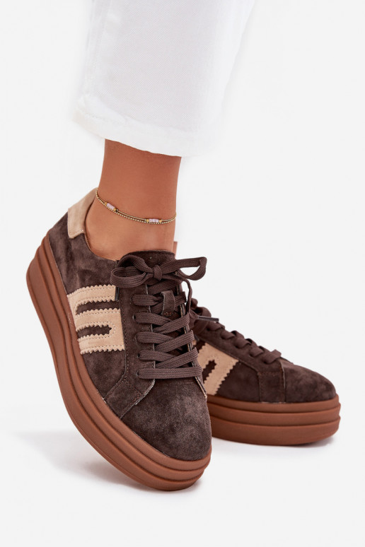 Sneakersy Damskie Na PlatformiewithNaturalnego Zamszu Czekoladowe Eldira