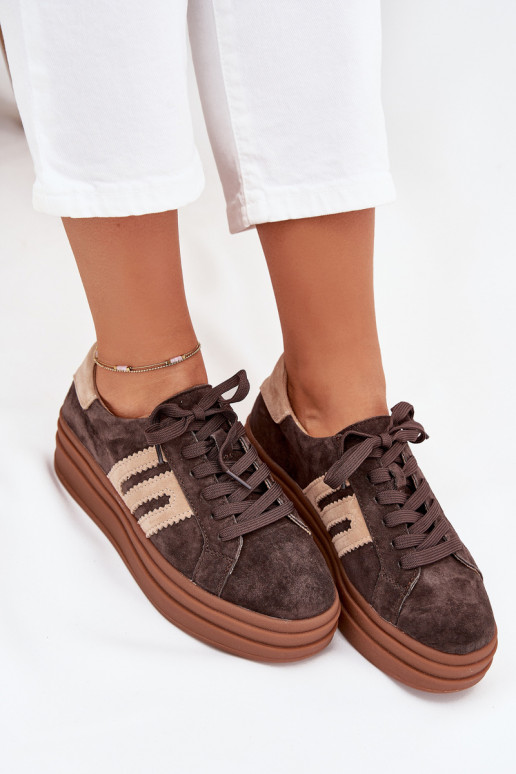 Sneakersy Damskie Na PlatformiewithNaturalnego Zamszu Czekoladowe Eldira