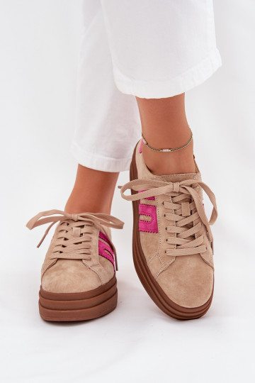 Sneakersy Damskie Na PlatformiewithNaturalnego Zamszu Beżowo-Różowe Eldira