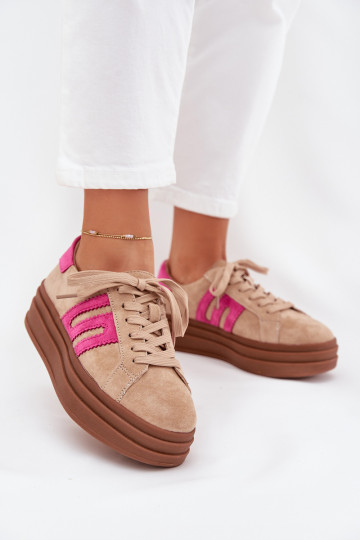 Women's Platform Sneakers Made Of Natural Suede Beige-Pink Eldira 2