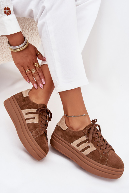 Sneakersy Damskie Na PlatformiewithNaturalnego Zamszu Camel Eldira
