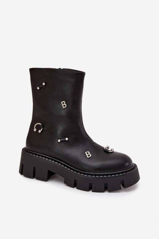 Warm Women's Ankle Boots with Zipper and Decorations Black Thavira