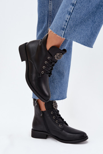 Low Women's Ankle Boots With Flat Heel With Decorative Detail Insulated Black Cylira 2