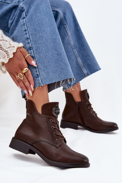 Low Women's Ankle Boots On Flat Heel With Decorative Detail Lined Brown Cylira Low Women's Ankle Boots On Flat Heel With Decorative Detail Lined Brown Cylira