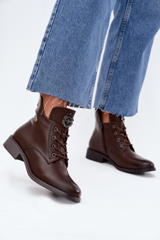 Low Women's Ankle Boots On Flat Heel With Decorative Detail Lined Brown Cylira Low Women's Ankle Boots On Flat Heel With Decorative Detail Lined Brown Cylira
