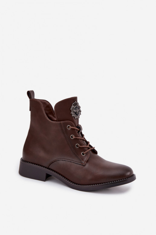 Low Women's Ankle Boots On Flat Heel With Decorative Detail Lined Brown Cylira Low Women's Ankle Boots On Flat Heel With Decorative Detail Lined Brown Cylira