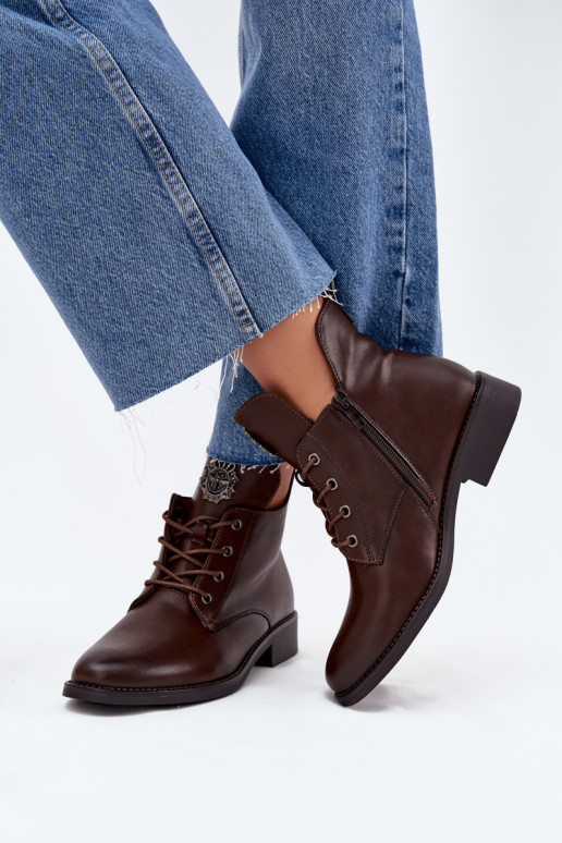 Low Women's Ankle Boots On Flat Heel With Decorative Detail Lined Brown Cylira Low Women's Ankle Boots On Flat Heel With Decorative Detail Lined Brown Cylira