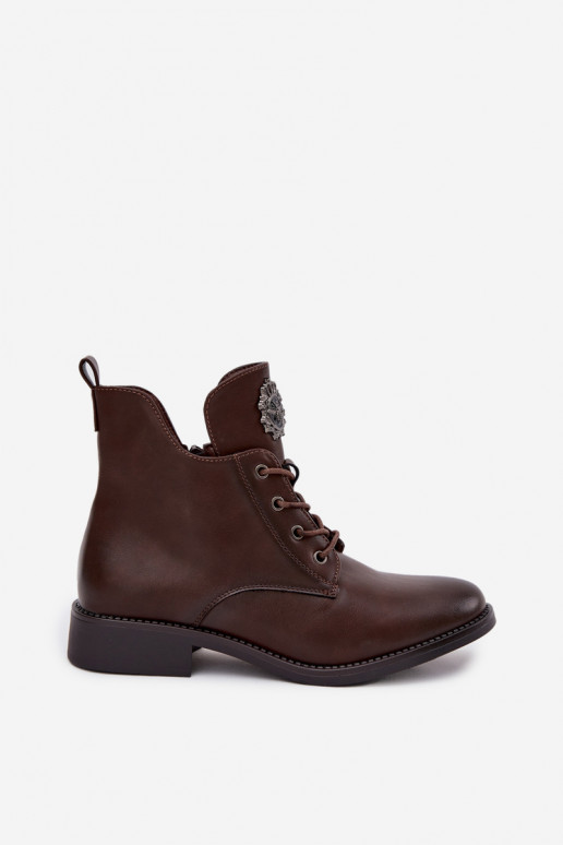 Low Women's Ankle Boots On Flat Heel With Decorative Detail Lined Brown Cylira Low Women's Ankle Boots On Flat Heel With Decorative Detail Lined Brown Cylira