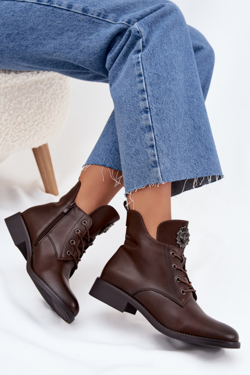 Low Women's Ankle Boots On Flat Heel With Decorative Detail Lined Brown Cylira Low Women's Ankle Boots On Flat Heel With Decorative Detail Lined Brown Cylira