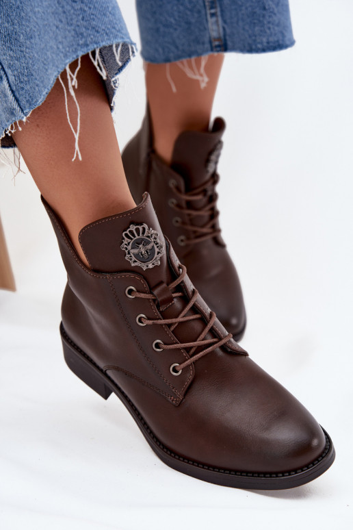 Low Women's Ankle Boots On Flat Heel With Decorative Detail Lined Brown Cylira Low Women's Ankle Boots On Flat Heel With Decorative Detail Lined Brown Cylira