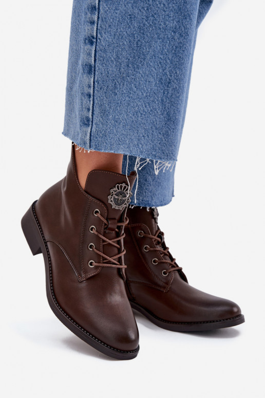 Low Women's Ankle Boots On Flat Heel With Decorative Detail Lined Brown Cylira Low Women's Ankle Boots On Flat Heel With Decorative Detail Lined Brown Cylira