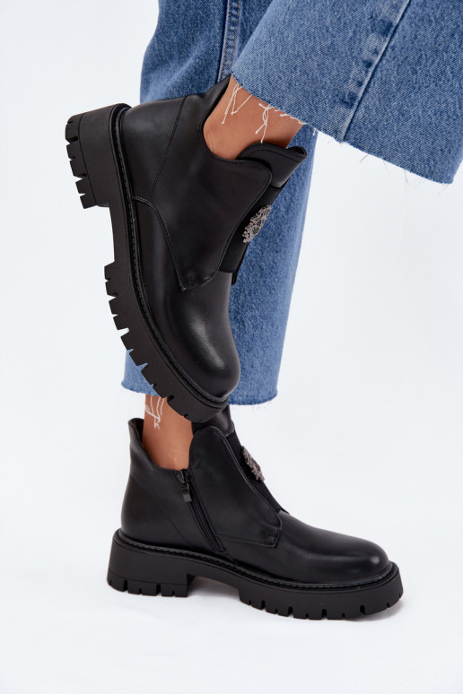 Insulated Low Women's Ankle Boots With Decoration On Zip Black Lavira Insulated Low Women's Ankle Boots With Decoration On Zip Black Lavira