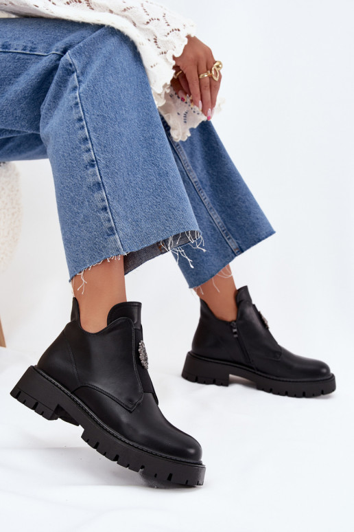 Insulated Low Women's Ankle Boots With Decoration On Zip Black Lavira Insulated Low Women's Ankle Boots With Decoration On Zip Black Lavira