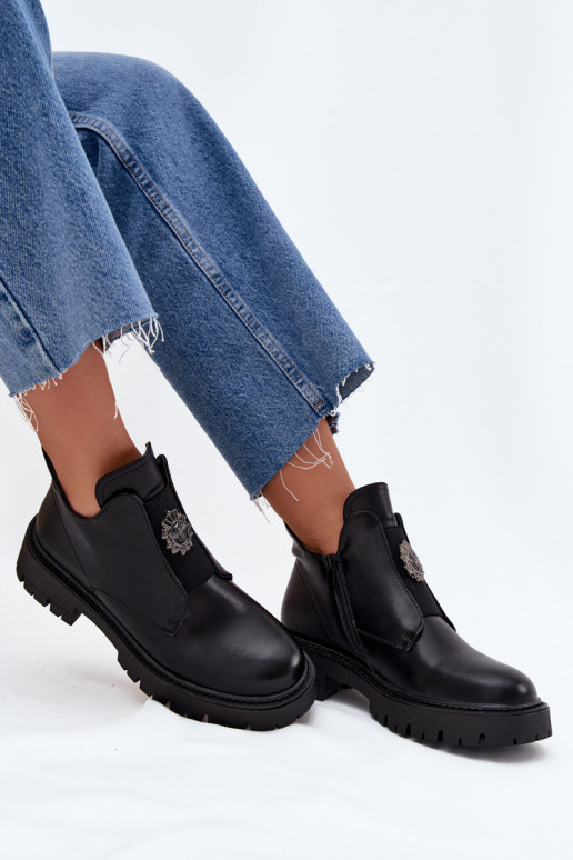 Insulated Low Women's Ankle Boots With Decoration On Zip Black Lavira Insulated Low Women's Ankle Boots With Decoration On Zip Black Lavira