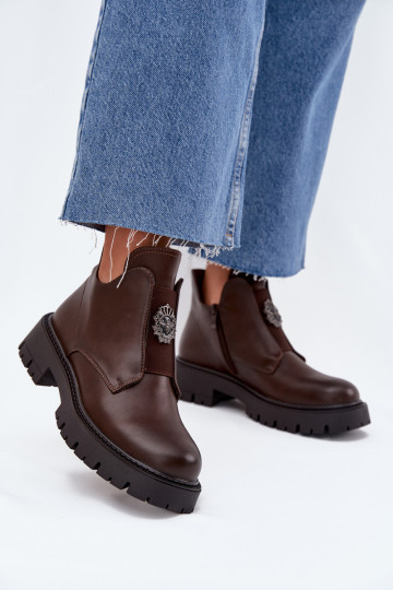 Insulated Low Women's Ankle Boots With Decoration On Zipper Brown Lavira 2