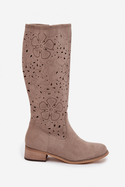Ladies Cut-Out Ankle Boots With Low Heel Eco Suede Zipped Beige Orchides