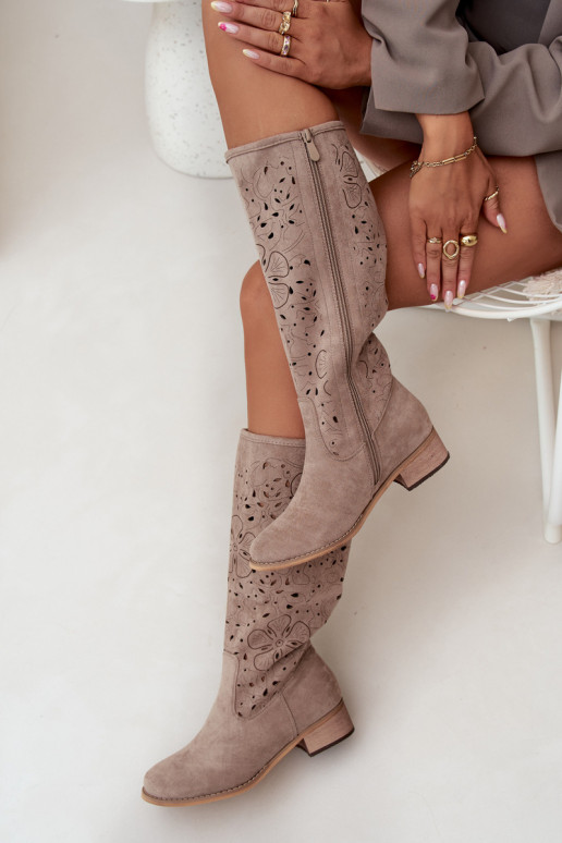 Ladies Cut-Out Ankle Boots With Low Heel Eco Suede Zipped Beige Orchides