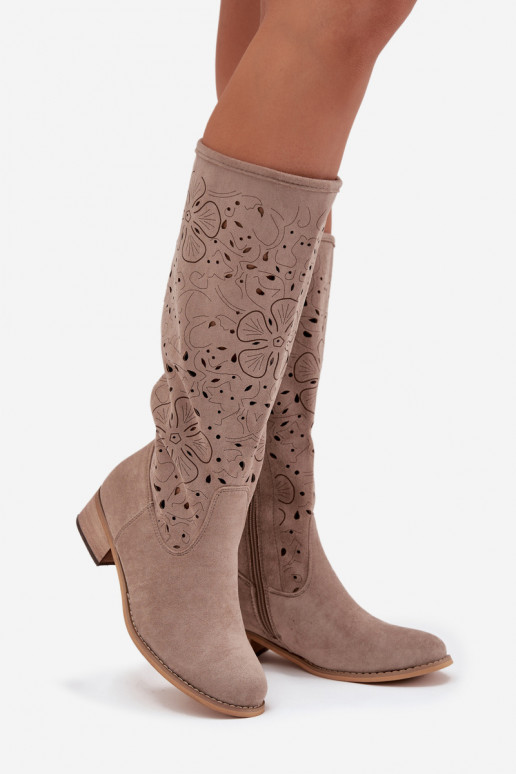 Ladies Cut-Out Ankle Boots With Low Heel Eco Suede Zipped Beige Orchides