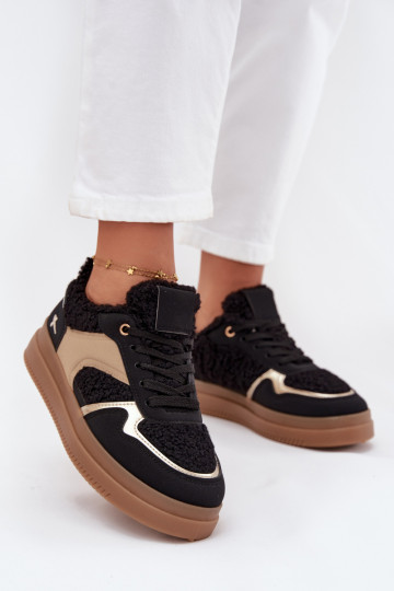 Sneakersy Damskie Na PlatformiewithFuterkiem Typu Baranek Czarne Frelina