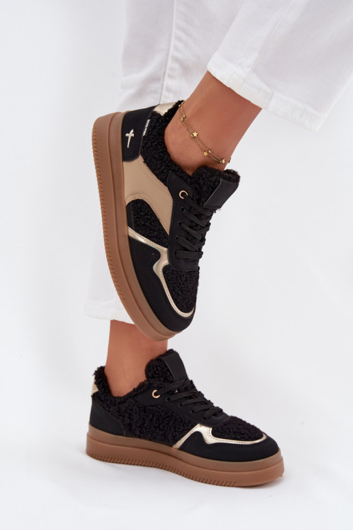 Sneakersy Damskie Na PlatformiewithFuterkiem Typu Baranek Czarne Frelina