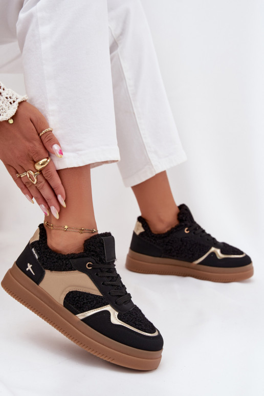 Sneakersy Damskie Na PlatformiewithFuterkiem Typu Baranek Czarne Frelina
