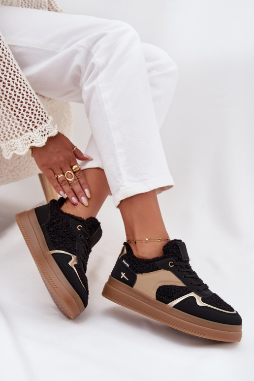 Sneakersy Damskie Na PlatformiewithFuterkiem Typu Baranek Czarne Frelina