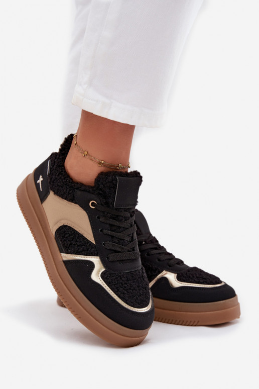 Sneakersy Damskie Na PlatformiewithFuterkiem Typu Baranek Czarne Frelina