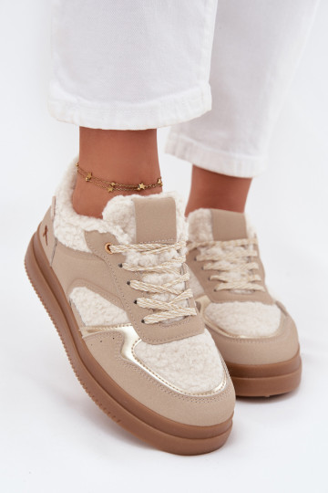 Sneakersy Damskie Na PlatformiewithFuterkiem Typu Baranek Beżowe Frelina