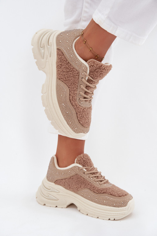 Women's Sneakers With Zirconia And Sheep Fur Beige Zarika