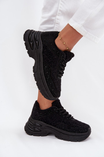Ladies Sneakers With Rhinestones And Sheepskin Black Zarika