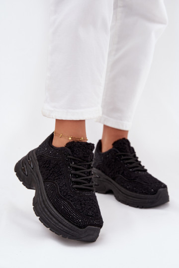 Ladies Sneakers With Rhinestones And Sheepskin Black Zarika 2