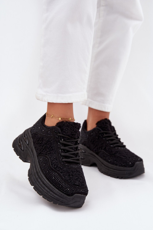 Sneakersy DamskiewithCyrkoniami I Futerkiem Typu Baranek Czarne Zarika