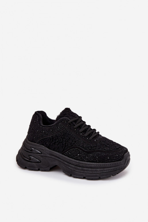 Ladies Sneakers With Rhinestones And Sheepskin Black Zarika