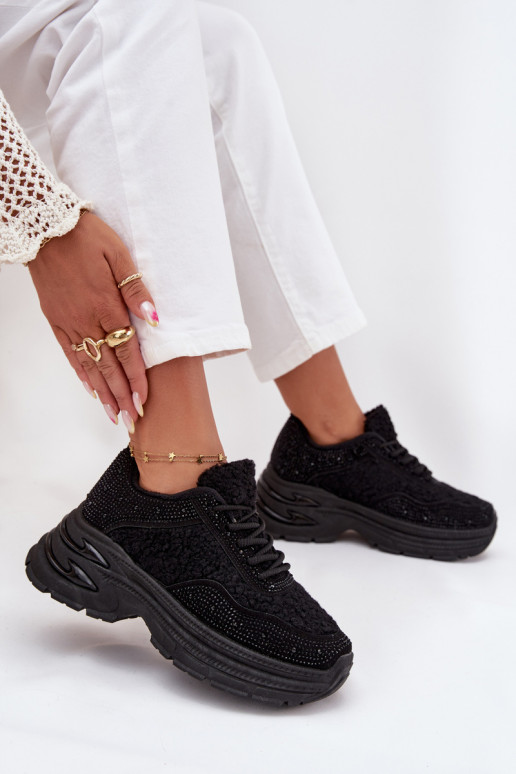 Sneakersy DamskiewithCyrkoniami I Futerkiem Typu Baranek Czarne Zarika