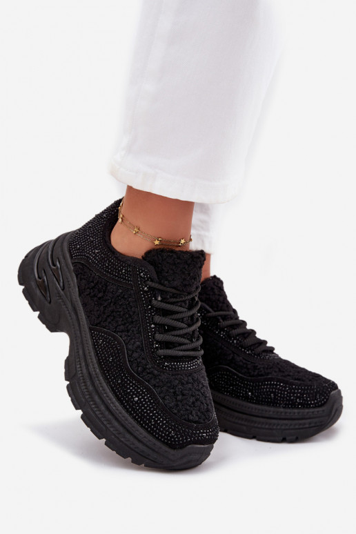 Ladies Sneakers With Rhinestones And Sheepskin Black Zarika