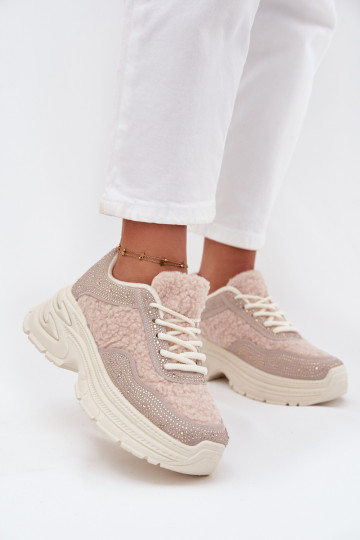 Women's Sneakers With Rhinestones And Sheepskin Light Beige Zarika