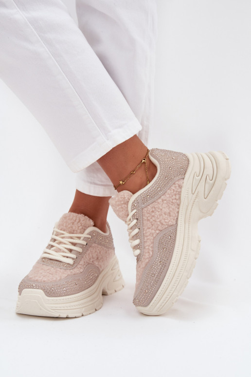 Women's Sneakers With Rhinestones And Sheepskin Light Beige Zarika