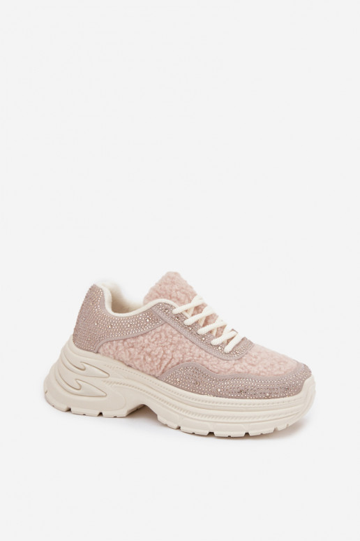 Women's Sneakers With Rhinestones And Sheepskin Light Beige Zarika