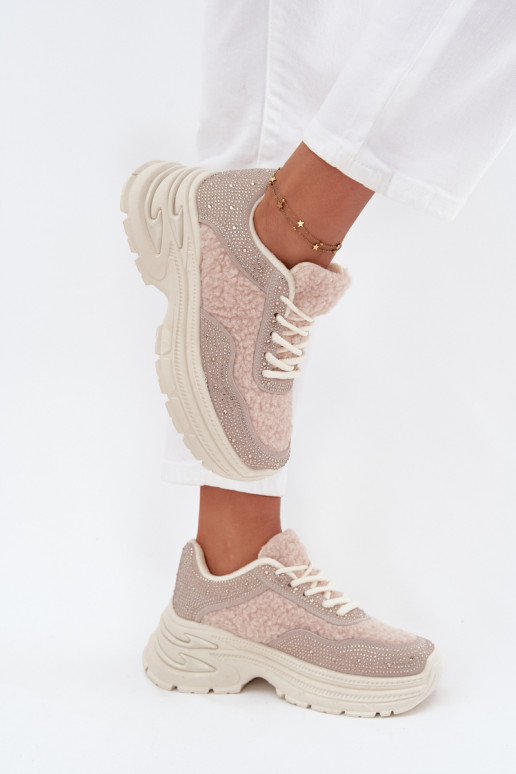 Sneakersy DamskiewithCyrkoniami I Futerkiem Typu Baranek Jasnobeżowe Zarika