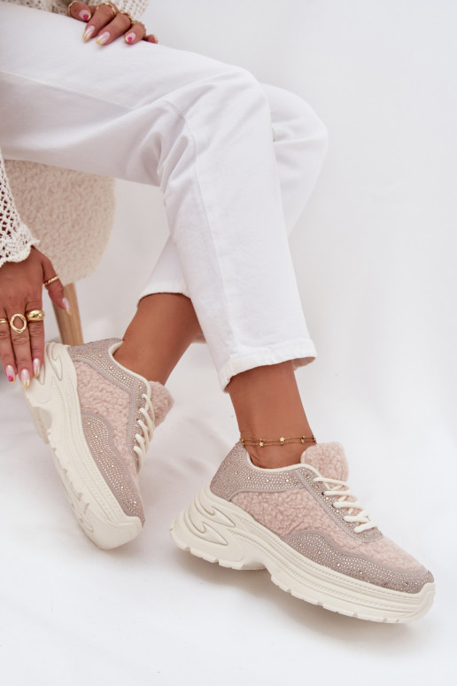 Sneakersy DamskiewithCyrkoniami I Futerkiem Typu Baranek Jasnobeżowe Zarika