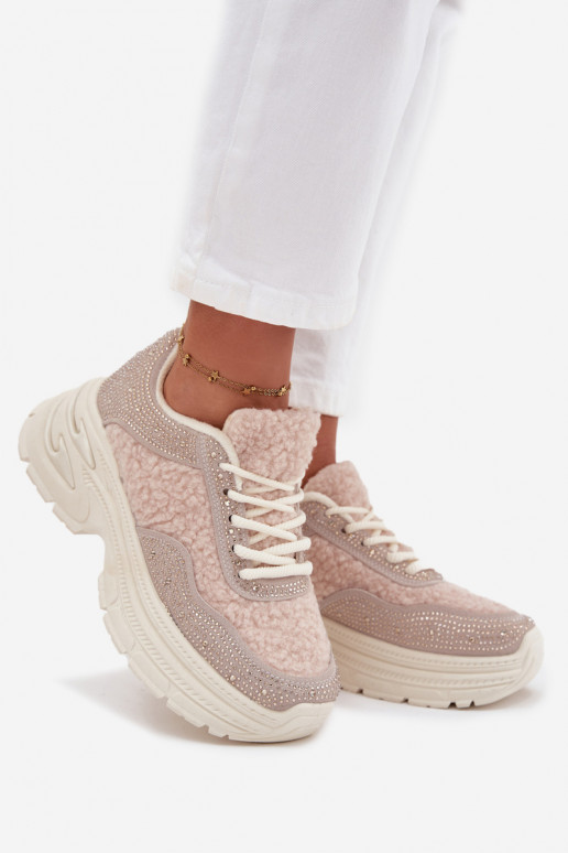 Women's Sneakers With Rhinestones And Sheepskin Light Beige Zarika