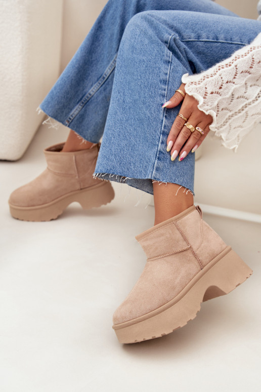 Śniegowce Damskie Niskie Wsuwane Ocieplane Futerkiem Khaki Mavelle