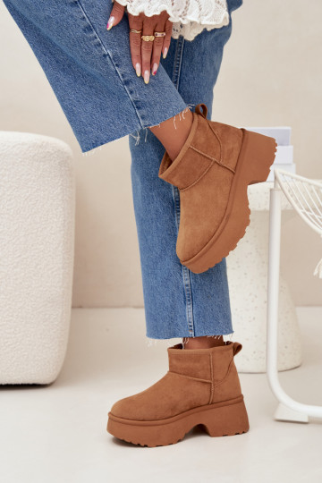 Ladies Low Slip On Insulated Snow Boots With Fur Camel Mavelle