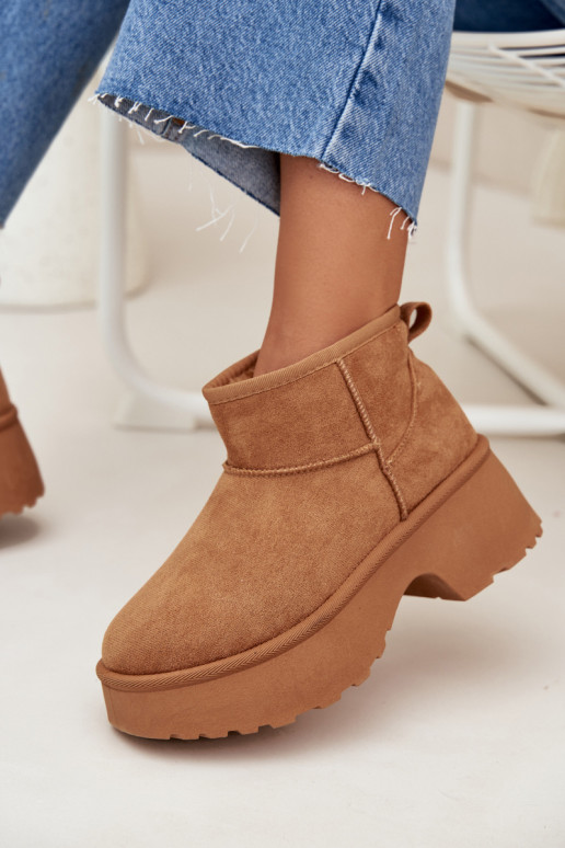 Ladies Low Slip On Insulated Snow Boots With Fur Camel Mavelle