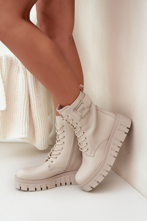 Botki Damskie Na PlatformiewithOzdobnym Detalem Ocieplane Jasnobeżowe Lyrana