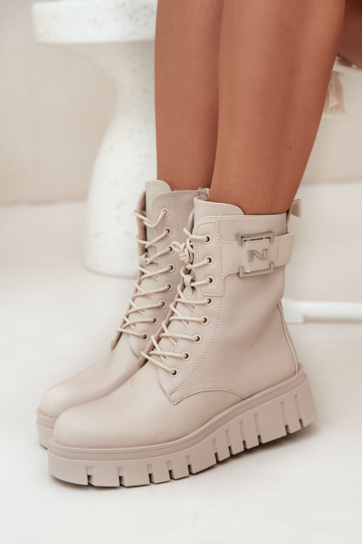 Botki Damskie Na PlatformiewithOzdobnym Detalem Ocieplane Jasnobeżowe Lyrana