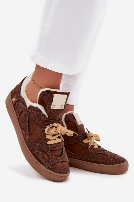 Sneakersy Damskie Na Platformie Ocieplane Futerkiem Brązowe Solvia